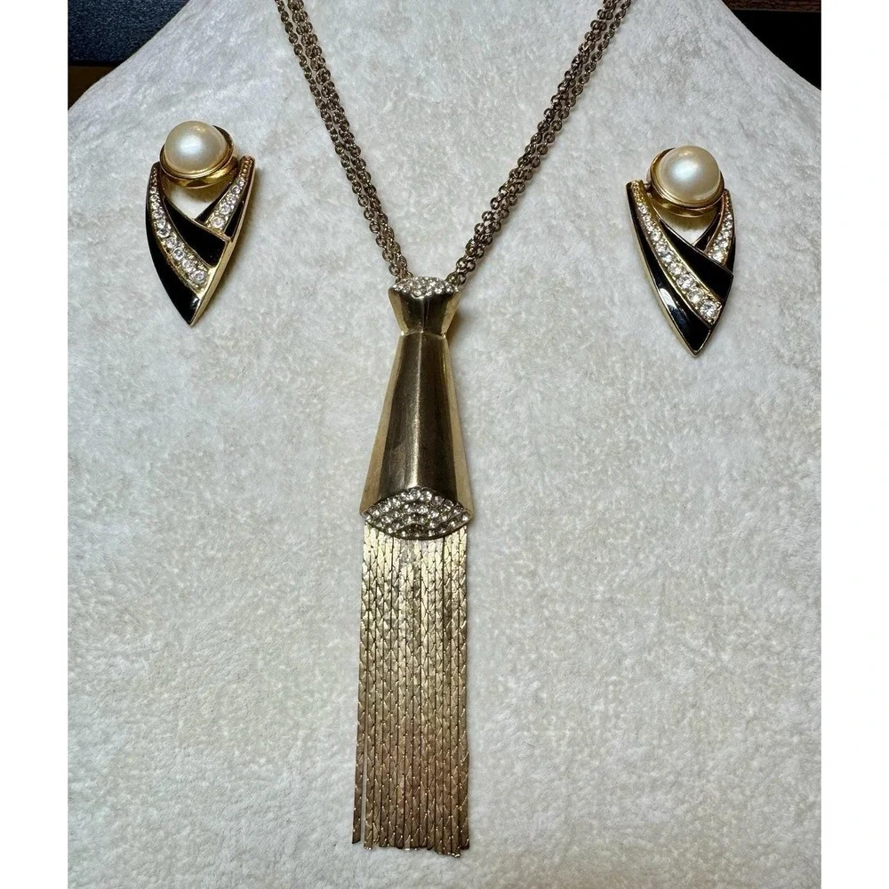 VTG Gold Tone Tassel Rhinestone Black Enamel‎ Necklace Earrings Bracelet Set 80s